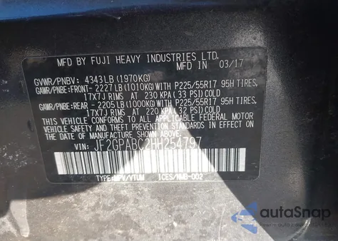 2017 Subaru Crosstrek 2.0I Premium z USA, uszkodzony, nr VIN JF2GPABC2HH254797